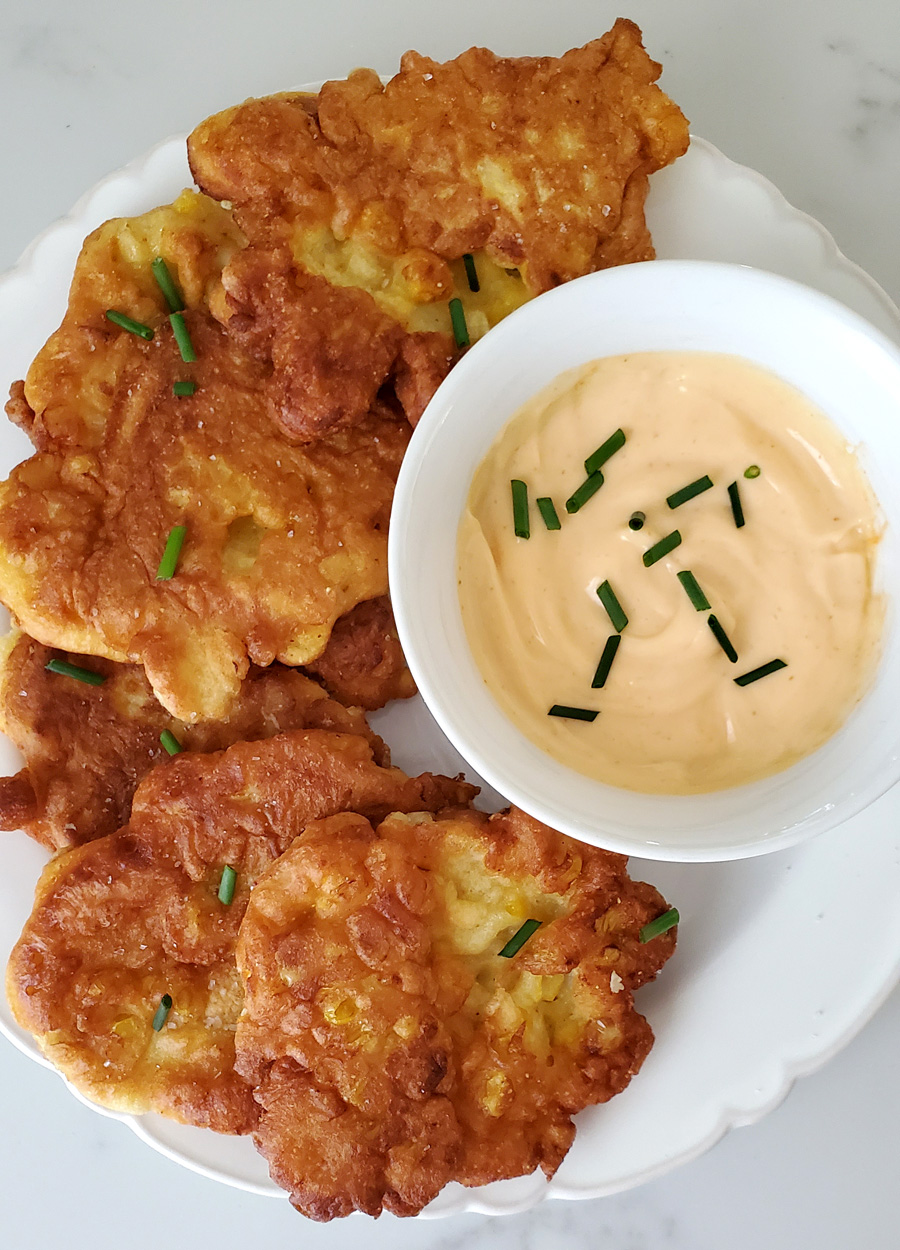 Easy Corn Fritters with a Spicy Aioli Sauce – Lady of the Ladle